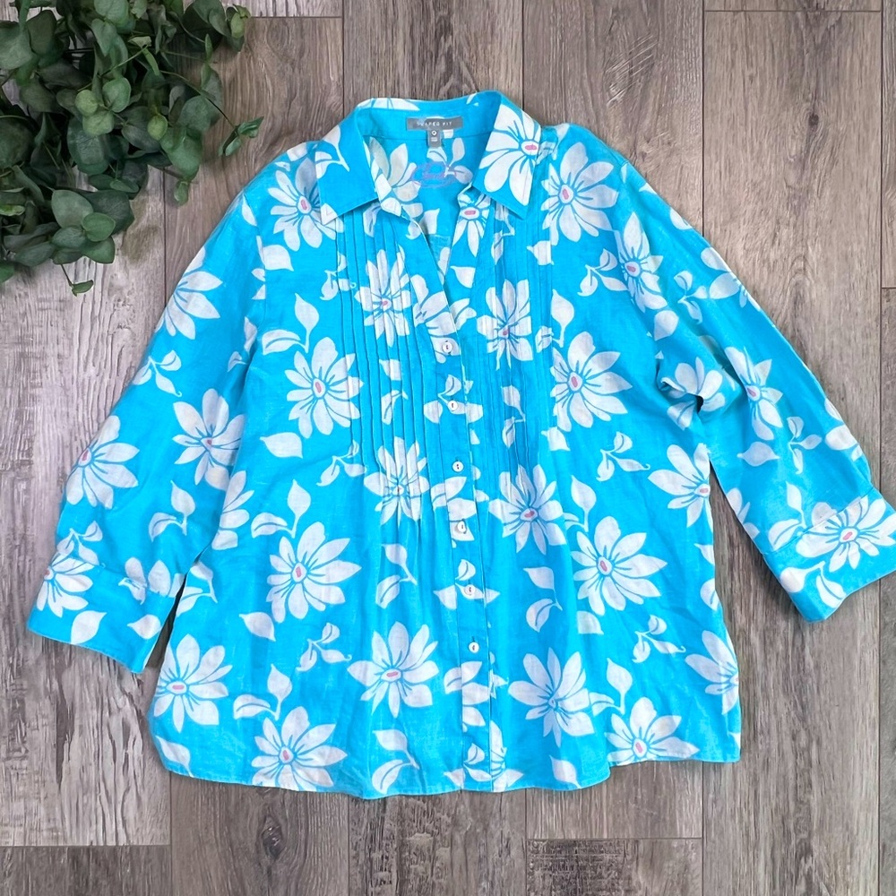 Shaped Fit Linen Floral Beachy Boho Beachy Bluse